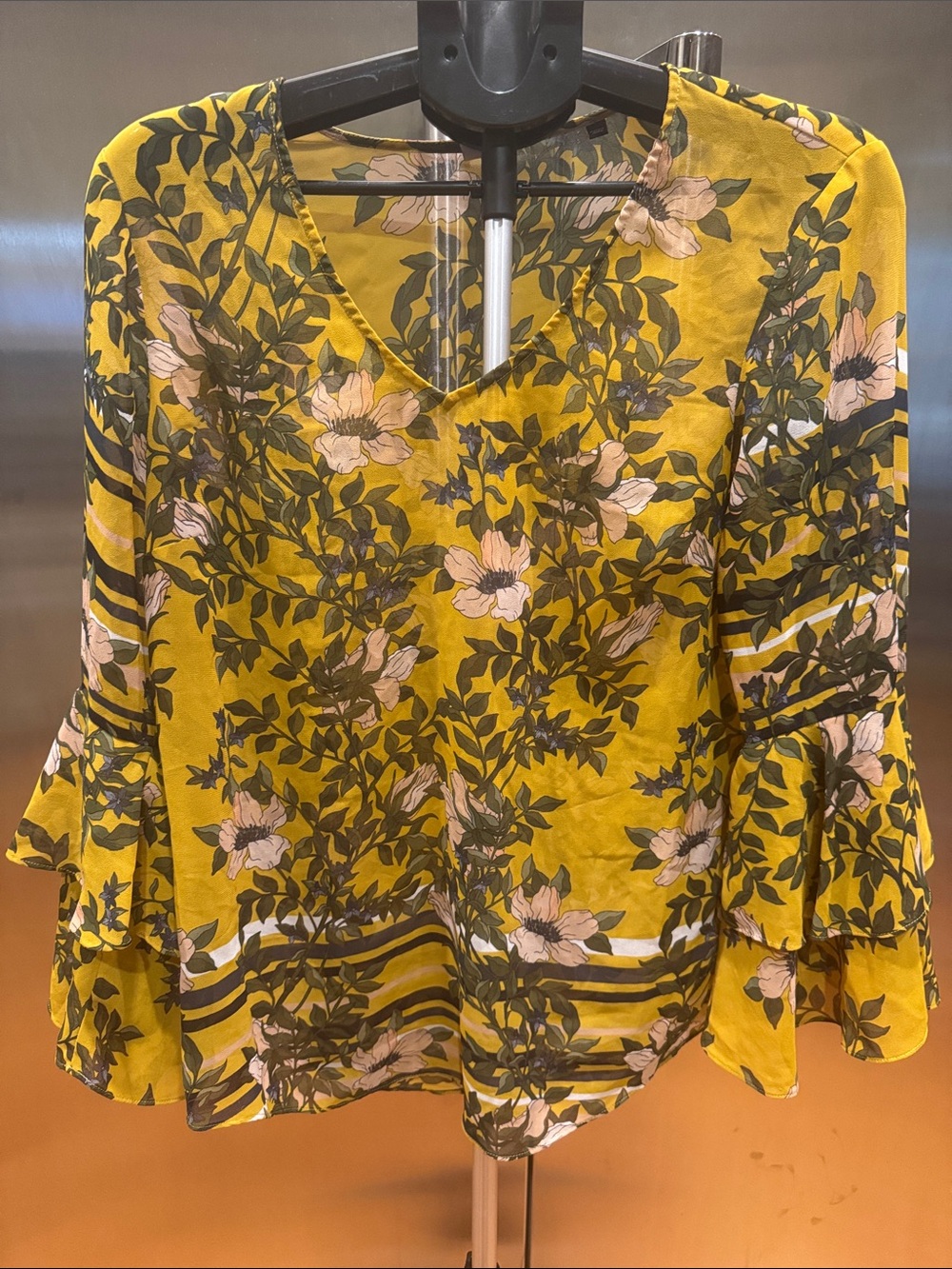 CAbi Mustard Floral V-Neck Bell Sleeve Blouse